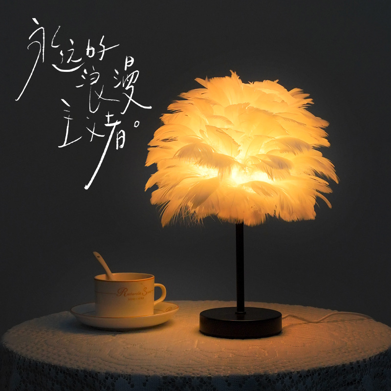 Nordic Feather Bedside Table Lamp, USB Powered Decorative Night Lamp for Bedroom