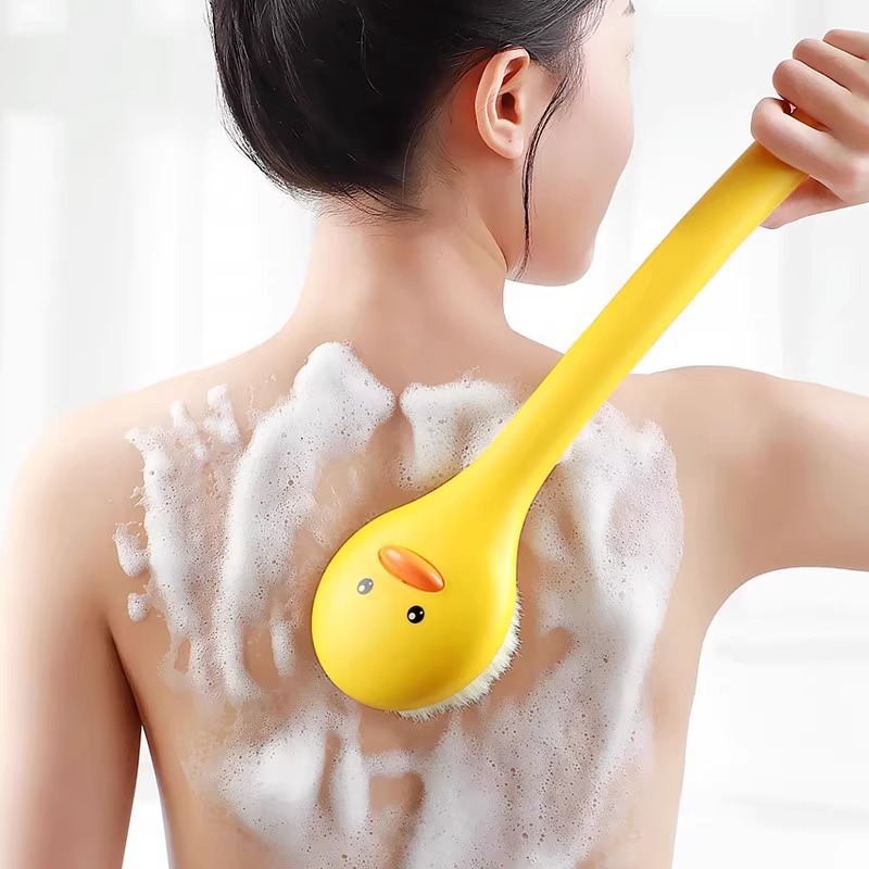 Cute Yellow Duck Bath Brush, Long‑Handle Body Scrub Brush for Shower