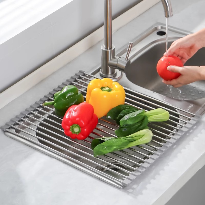 All‑in‑One Foldable Dish Drying Rack 47×30cm, Multifunctional Kitchen Counter Storage with Cup Holder, Cutlery & Cutting‑Board Slot