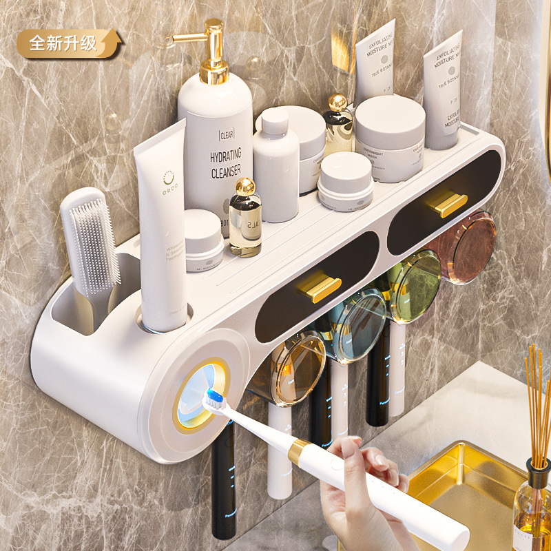 3‑Slot No‑Drill Wall Mounted Toothbrush & Cup Holder, Bathroom Storage Organizer