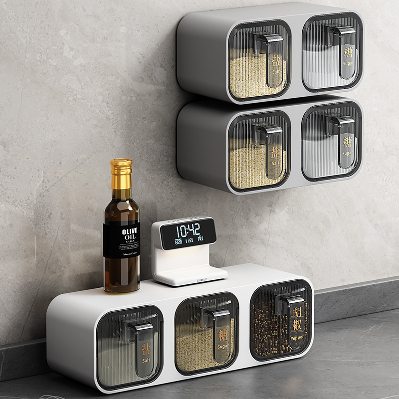 Wall-Mounted 6-Grid Spice Storage Box,No-Drill Kitchen Seasoning Organiser,Sealed & Waterproof Condiment Container