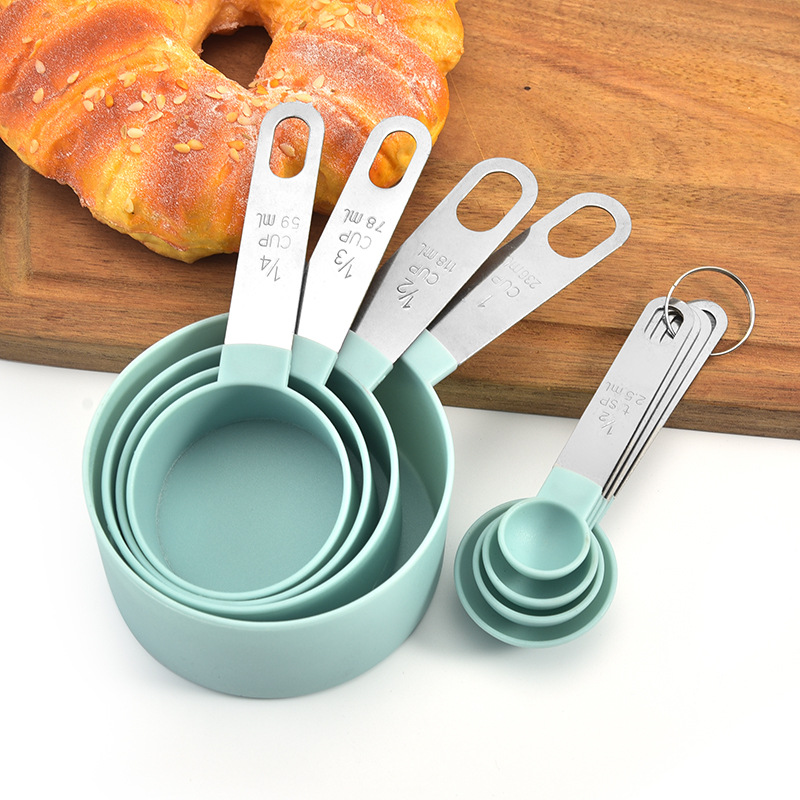 Measuring Cups and Spoons Set 8 Pieces, Plastic Cups with Stainless Steel Handles