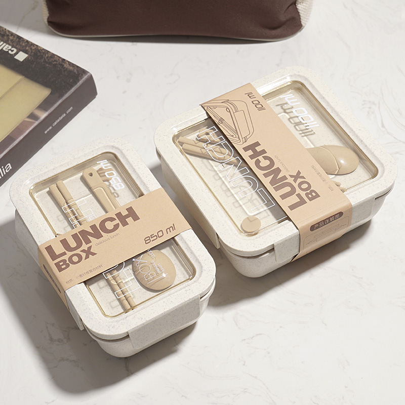 900ml Wheat Straw Lunch Box Rectangular Compartment with Cutlery Microwave Safe Bento Box for Office Workers Students