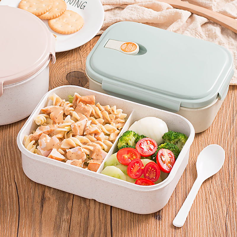 900ml Wheat Straw Lunch Box Rectangular 2 Compartments Microwave Safe Bento Box Large Capacity with Lid for Office Workers Students