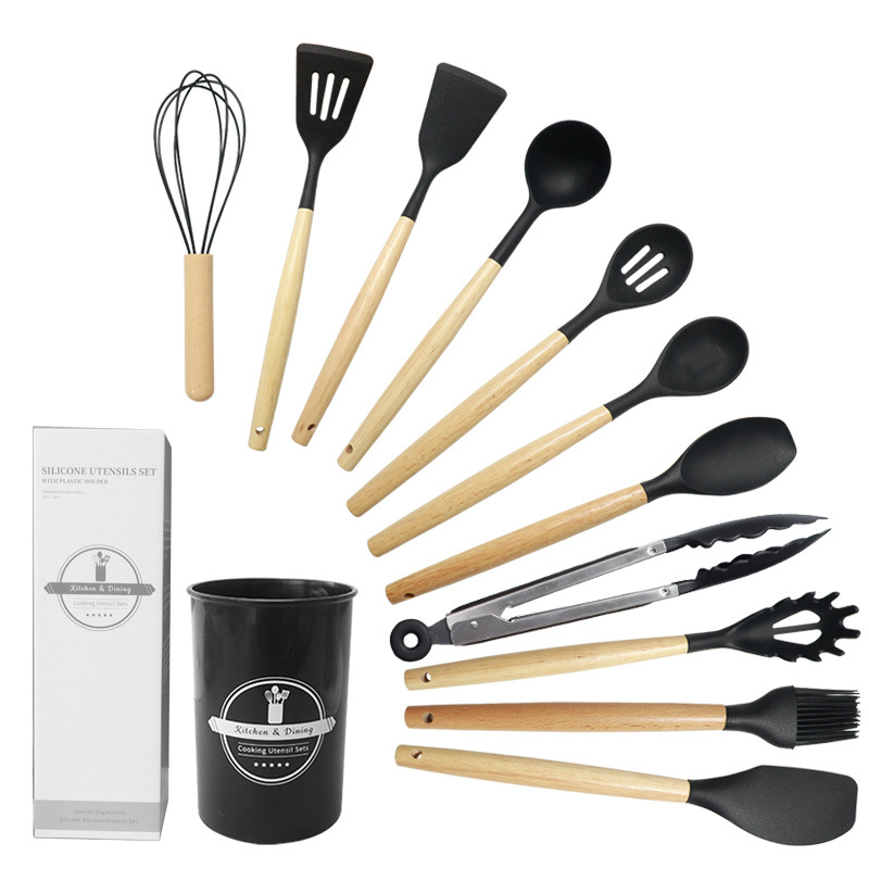 12Pcs Wooden Handle Silicone Kitchen Utensils Set, FDA Food Grade, Heat Resistant Non-stick Cookware Gadgets with Storage Bucket
